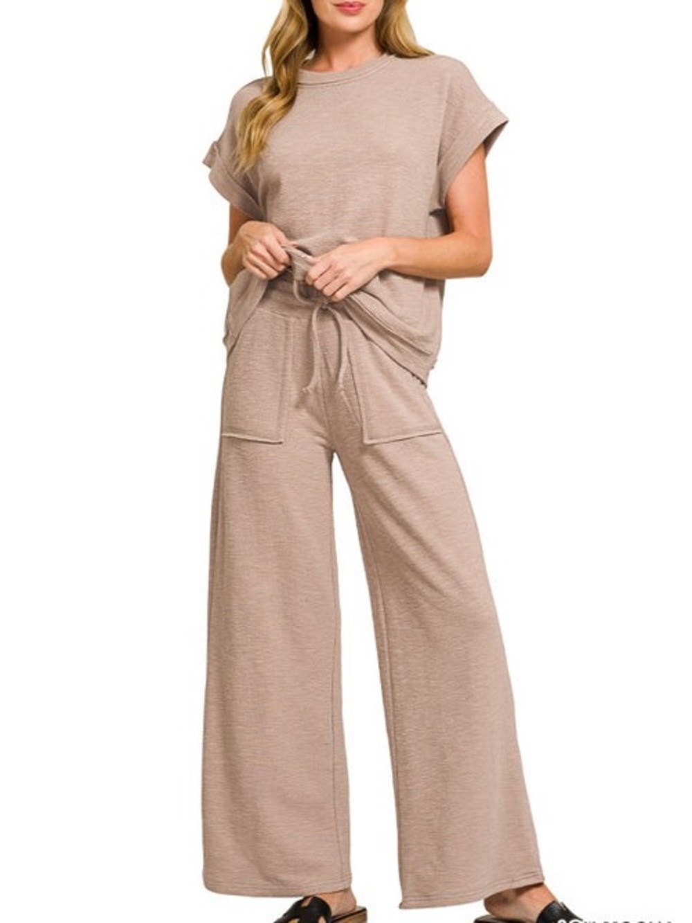 EUC🤎Zenana Slub Short Sleeve Tee and Pants Set Small Ash Mocha